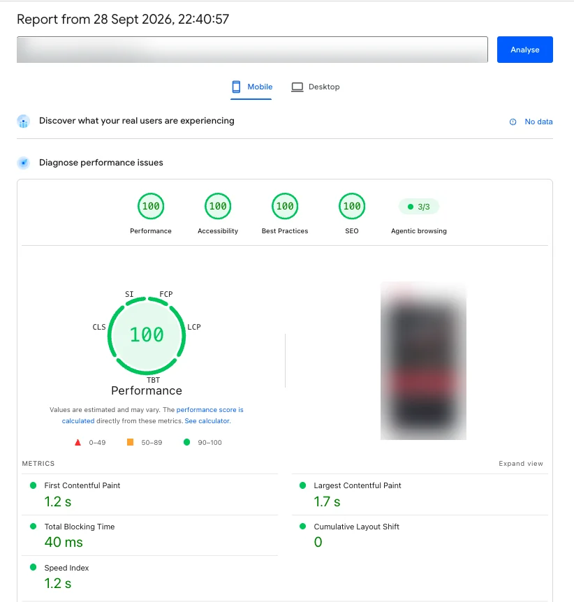 Google PageSpeed Insights mobile report after optimisation, showing 100 scores for Performance, Accessibility, Best Practices and SEO, with a 1.2 second First Contentful Paint, 1.7 second Largest Contentful Paint, 40 millisecond Total Blocking Time and zero Cumulative Layout Shift