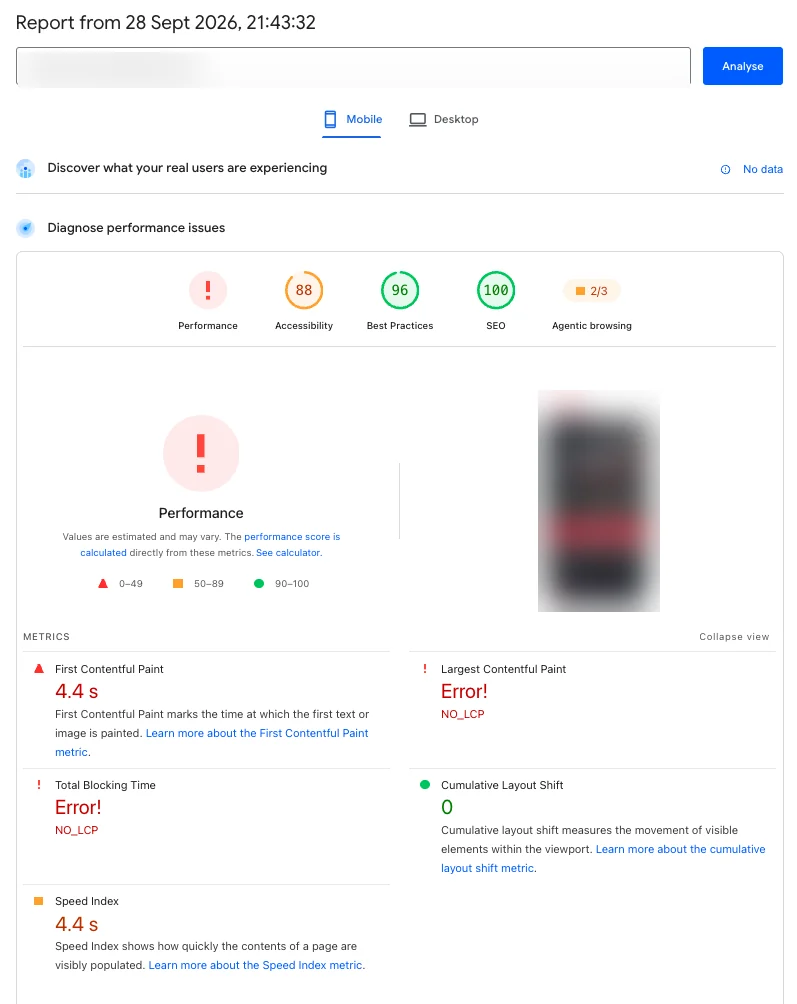 Google PageSpeed Insights mobile report before optimisation, showing a failing performance score, a 4.4 second First Contentful Paint, a 4.4 second Speed Index and Largest Contentful Paint and Total Blocking Time errors